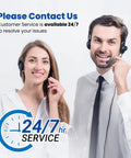 Two customer service representatives with headsets offering 24/7 support.