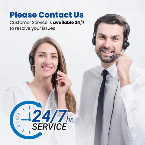Two customer service representatives with headsets offering 24/7 support.