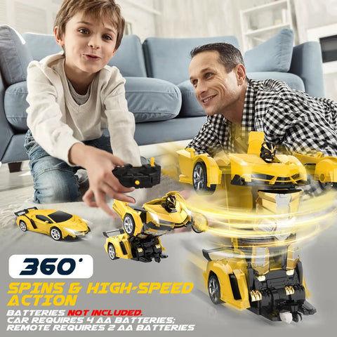 Father and son playing with Transforming Remote Control Car For Kids With Two Point Four GHz, Fast Response RC Car With 50 Meter Range.