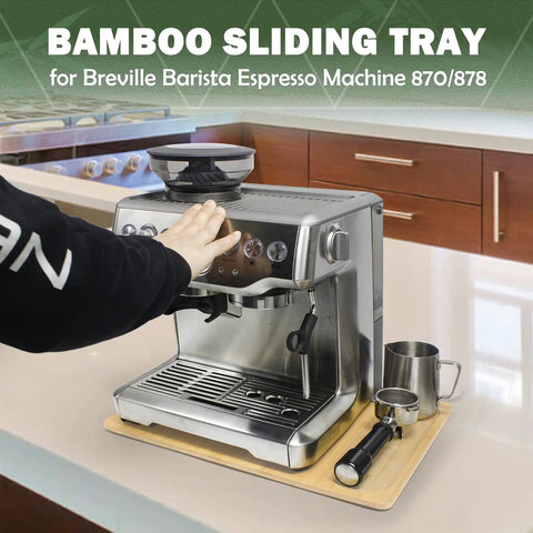 Person sliding espresso machine on Premium Bamboo Sliding Tray For Small Espresso Machines, Quick Glide Caddy To Move Your Coffee Maker