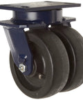 Heavy Duty Swivel Plate Caster With Cast Iron Dual Wheels Kingpinless Roller Bearing Smooth Rolling 2800 Lbs Capacity 8 Inch Diameter close-up