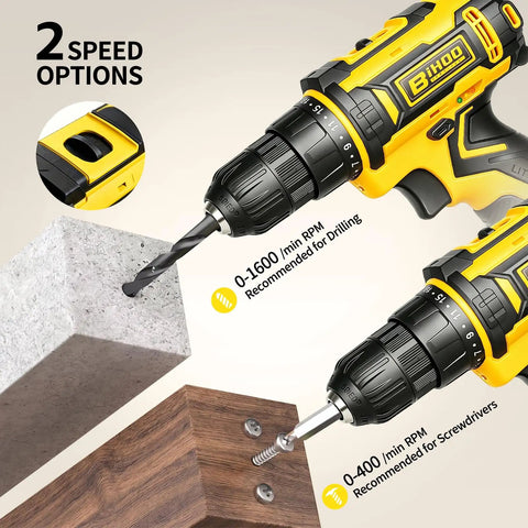 20 Volt Cordless Drill And Driver Combo Pack With Long Lasting Battery And Quick Charge Adapter Boasting Two Speed Modes Variable Trigger Lock And Twenty Five Plus One Precision Torque Adjustments Housed In Striking Yellow For Tough Jobsite Grinds And showing speed adjustment dial and usage on wood and concrete.