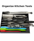 Compact Tool Sorter Pliers Organizer Tray For 11 Pliers Unclutter Your Toolbox Drawer Black Finish with kitchen tools displayed.