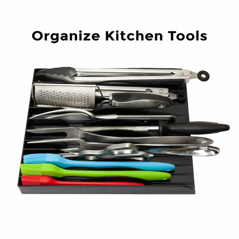 Compact Tool Sorter Pliers Organizer Tray For 11 Pliers Unclutter Your Toolbox Drawer Black Finish with kitchen tools displayed.