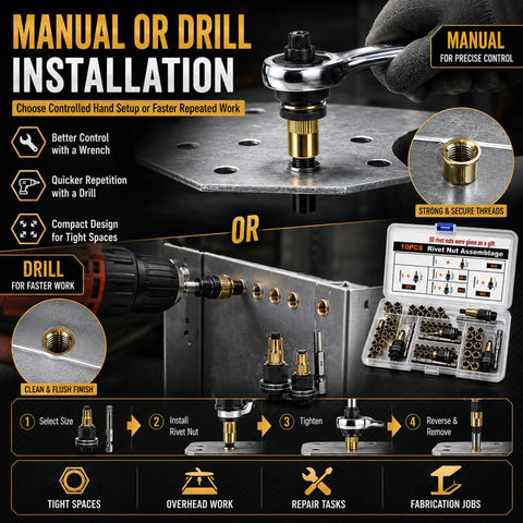 Ultimate Rivet Nut Tool Set Kit With Carbon Steel Body M3 Through M8, 50 Piece Metric Rivet Nut Setter Kit For Creating Threads In Thin Materials, Durable Case For Easy Storage And Fast Pro Grade Repairs, manual or drill installation on metal sheet