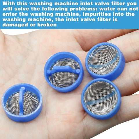 Hands holding blue and silver screen filters from the Washing Machine Water Filter Kit Inline For Inlet Valve Debris Guard With Screen Filter Hose Washer Easy Install Plug And Play To Prevent Clog Build Up And Keep Inlet Water Clean And Running Smooth.