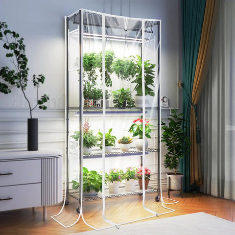 Indoor Greenhouse Grow Light Setup, 4 Tier Metal Plant Stand, Full Spectrum 108W T5 LED Grow Lamp, Zippered EVA Cover, Wheels And Timer, 70.9 Inch Tall Indoor Garden Station