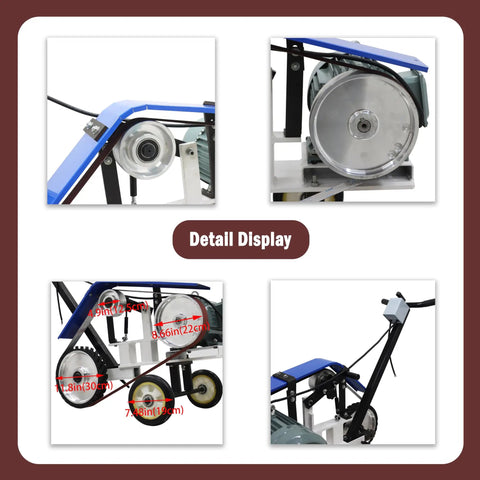 Detail display of Beefy Hand Push Sand Belt Grinder With Slick Polish Finish 4Kw Motor, showing motor and wheel dimensions.