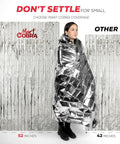 Person wrapped in 4 Pack Space Mylar Blankets For Survival Gear And Cold Weather Warmth, 82x52 inches, showcasing size comparison