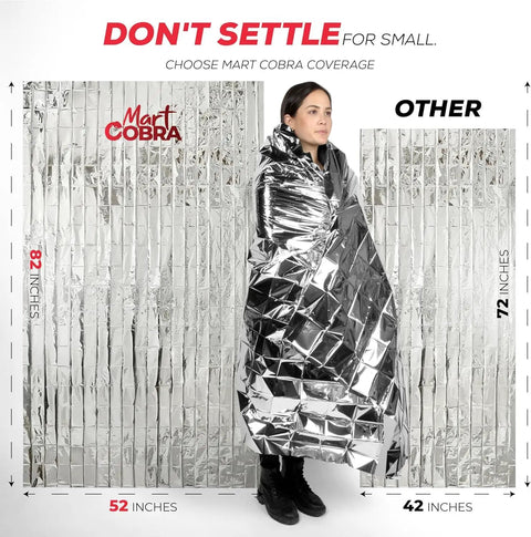 Person wrapped in 4 Pack Space Mylar Blankets For Survival Gear And Cold Weather Warmth, 82x52 inches, showcasing size comparison