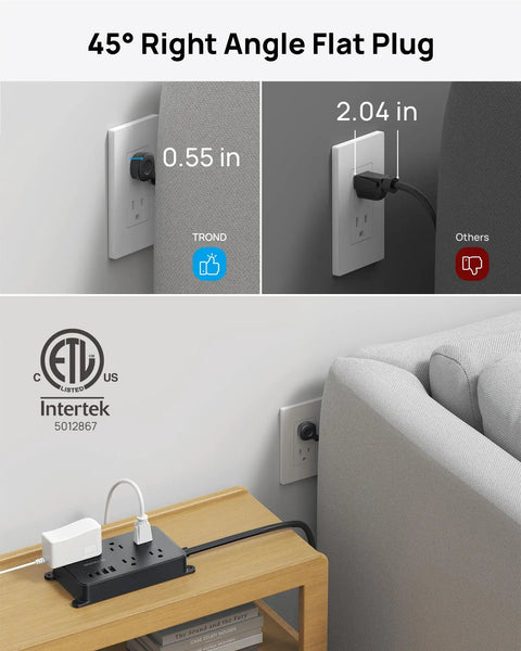 Surge Protector Power Strip With USB Ports And 10ft Extension Cord, ETL Listed, showing flat plug behind couch
