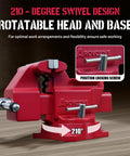 8 Inch Bench Vise Heavy Duty With 7.5 Inch Jaw Opening And 210 Degree Swivel Base 4.5 Inch Throat Depth Multi Jaw Design For Flat And Round Material Great For Large Projects Pipes And Bulky Workpieces, 210° swivel base