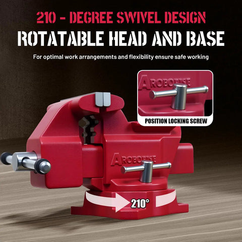 8 Inch Bench Vise Heavy Duty With 7.5 Inch Jaw Opening And 210 Degree Swivel Base 4.5 Inch Throat Depth Multi Jaw Design For Flat And Round Material Great For Large Projects Pipes And Bulky Workpieces, 210° swivel base