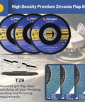 Close-up of high density premium zirconia flap discs from 27 Pack Four And A Half Inch Angle Grinder Wheel Kit For Metals And Stainless Steel With Seven Eighths Inch Arbor Includes Twenty Cutting Wheels Three Grinding Discs Four Zirconia Flap Discs Great For Home DIY And Pro Metalwork