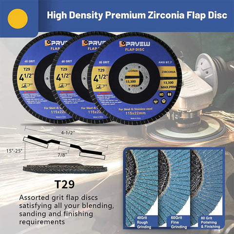 Close-up of high density premium zirconia flap discs from 27 Pack Four And A Half Inch Angle Grinder Wheel Kit For Metals And Stainless Steel With Seven Eighths Inch Arbor Includes Twenty Cutting Wheels Three Grinding Discs Four Zirconia Flap Discs Great For Home DIY And Pro Metalwork