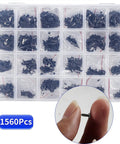 1560 Pieces Black Flat Head Self Tapping Screws Set for Woodworking and Electronics, storage box and close-up detail