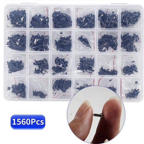 1560 Pieces Black Flat Head Self Tapping Screws Set for Woodworking and Electronics, storage box and close-up detail