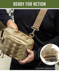 Streetwise EDC Tactical Sling Bag With Discreet Concealed Carry Pocket And PALS Modular Straps Crafted From Heavy Duty Khaki Nylon held by a person.