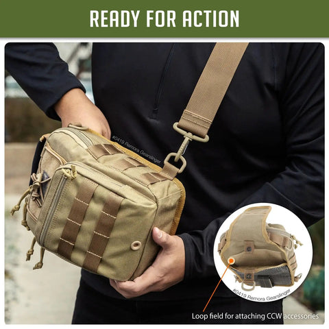 Streetwise EDC Tactical Sling Bag With Discreet Concealed Carry Pocket And PALS Modular Straps Crafted From Heavy Duty Khaki Nylon held by a person.