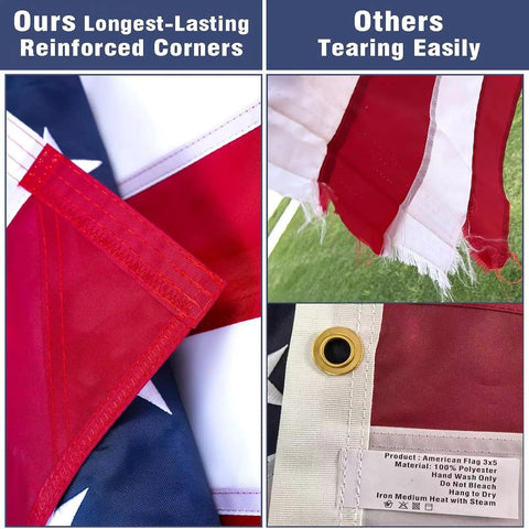 Comparison of Heavy Duty 3x5 Outdoor American Flag Built Tough from Durable 300D Nylon with tear-resistant and regular flag.