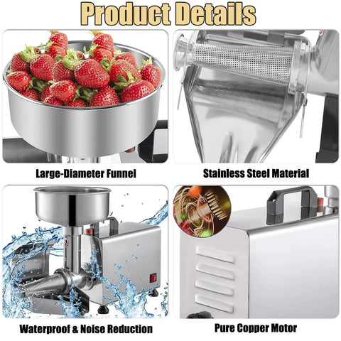 Fresh 450 Watt Electric Tomato Sauce Maker With Powerful Motor For Smooth Strawberry Jam And Puree showing stainless steel funnel and motor.