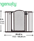 No-Drill Expandable Baby And Dog Gate 28 To 42 Inch Wide, 30 Inch Tall, Hardware Or Pressure Mounted, Install At Top Or Bottom Of Stairs Banister Or Doorway, Espresso front view with dimensions.