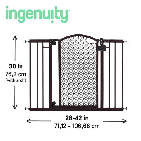 No-Drill Expandable Baby And Dog Gate 28 To 42 Inch Wide, 30 Inch Tall, Hardware Or Pressure Mounted, Install At Top Or Bottom Of Stairs Banister Or Doorway, Espresso front view with dimensions.