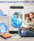 20 Lb Compact Washer And Spin Dryer Combo for Apartments with glass lid, woman and child with laundry basket.