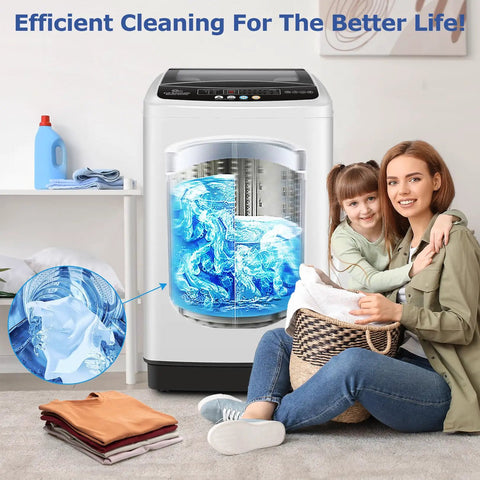 20 Lb Compact Washer And Spin Dryer Combo for Apartments with glass lid, woman and child with laundry basket.