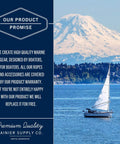 Our product promise by Rainier Supply Co, featuring a white sailboat on blue water with snowy mountain backdrop