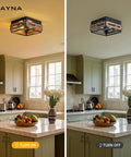 Farmhouse Two Light Ceiling Light Fixture Rustic Flush Mount With Wood And Metal illuminated in kitchen scene on left, turned off on right.
