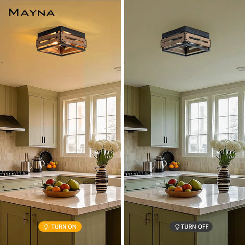 Farmhouse Two Light Ceiling Light Fixture Rustic Flush Mount With Wood And Metal illuminated in kitchen scene on left, turned off on right.