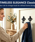 Top Shelf 2 Pack Black Wall Hooks for Kitchen and Bathroom, Vintage Farmhouse Decor, Heavy Duty and Sturdy Coat and Towel Hooks with Classic Matte Finish that brings Badass Charm to any Room, Fleur-de-lis design.