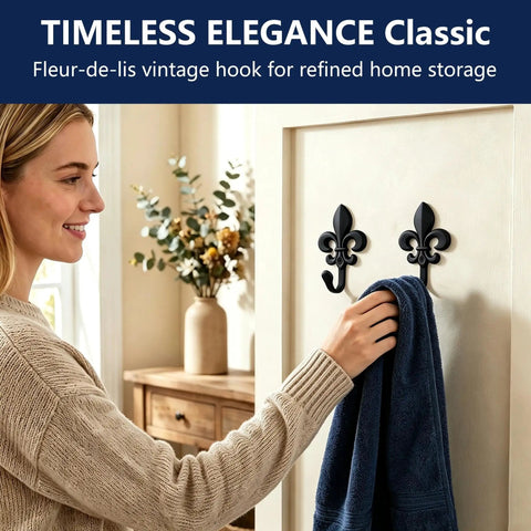 Top Shelf 2 Pack Black Wall Hooks for Kitchen and Bathroom, Vintage Farmhouse Decor, Heavy Duty and Sturdy Coat and Towel Hooks with Classic Matte Finish that brings Badass Charm to any Room, Fleur-de-lis design.