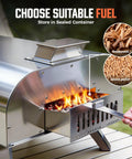 Side view of 16 Inch Multi-Fuel Outdoor Pizza Oven For Wood Fired Or Gas Cooking Reaches 1112 Fahrenheit, stainless steel, with wood pellets.