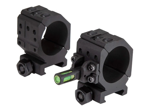 Two Piece Picatinny Scope Rings With Anti Cant Indicator For Leveling And Precision Shooting Flat Top Rings With Six Hole Design And One Half Inch Lock Nuts For Tight Rock Solid Rail Mount featuring 6061 aluminum construction