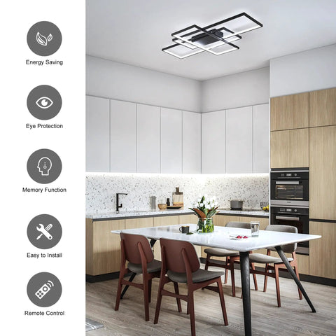 Modern kitchen with Dimmable LED Ceiling Light With Remote Control, Black Flush Mount Square Acrylic Fixture, 50W, installed overhead