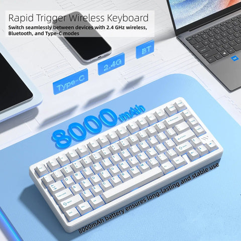 75 Percent Wireless Mechanical Keyboard With Magnetic Hall Effect Switches And A Rock Solid Aluminum Build Designed For Straight Up Lightning Fast Triggers. White compact layout with 8000mAh battery.