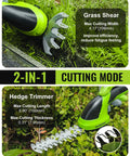 Cordless Grass Shear And Shrubbery Trimmer Two In One Handheld Electric Tool with hedge shears and grass cutter shown in use.