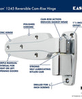 Reversible Cam Rise Hinge With One And A Quarter Inch Offset, self closing door hardware, smooth nylon cam, reduces gasket wear