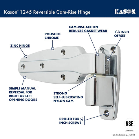 Reversible Cam Rise Hinge With One And A Quarter Inch Offset, self closing door hardware, smooth nylon cam, reduces gasket wear