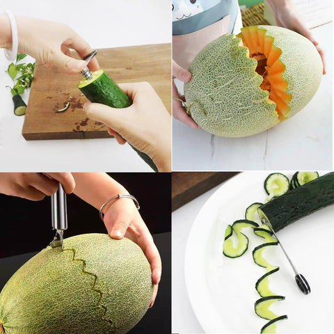 Awesome 2 Piece Spiral Cutter And V Shape Carving Tool Set for potatoes, cucumbers, carrots in action with vegetables and fruit.