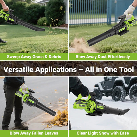 Collage of Cordless Leaf Blower With 715 CFM Airflow And 200 MPH Wind used for grass, dust, fallen leaves, and light snow removal