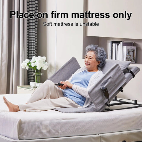 Electric Power Lifting Adjustable Bed Back Rest For Patient Back Support Helps Elderly Sit Upright On Firm Platform, featuring a woman reclining comfortably.