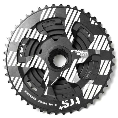 TRS Plus 11-Speed Mountain Bike Cassette 9-46T Black for MTB and E-MTB, top view of beefy yet lightweight design