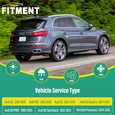 Audi Q5 SUV driving on road highlighting Audi Windshield Wiper Blades Replacement Set Of 3 for various models and years.