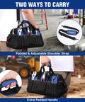 Front view of 16 Inch Wide Mouth Tool Bag With Waterproof Molded Base, showing adjustable shoulder strap and extra padded handle.