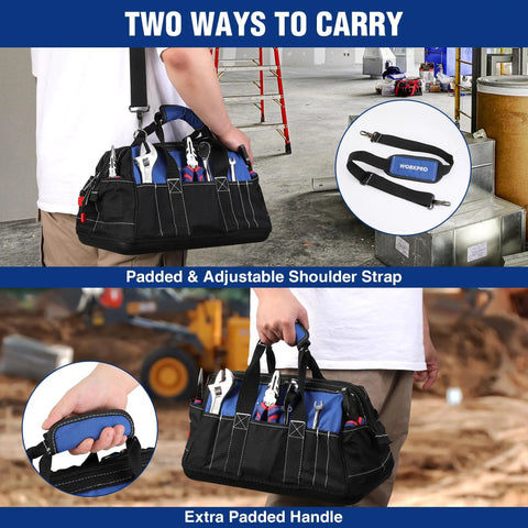 Front view of 16 Inch Wide Mouth Tool Bag With Waterproof Molded Base, showing adjustable shoulder strap and extra padded handle.