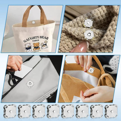 40 Sets Magnetic Snaps 14mm Silver Clasps Set For Purses And Totes, Fabric DIY Crafts, Sewing Supplies, Clothes And Leather Projects, Scrapbooking Closures, Durable Metal Button Closures shown in various applications like on bags and fabric.
