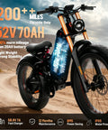 Rugged 2026 Dual Motor Electric Bike For Adults With Beast Mode Power, 46 Mph Top Speed, 52V 70Ah Battery Delivers 200 Mile Range, 26 Inch Fat Tires And Full Suspension Off Road Mountain Bike in action with battery specs displayed.
